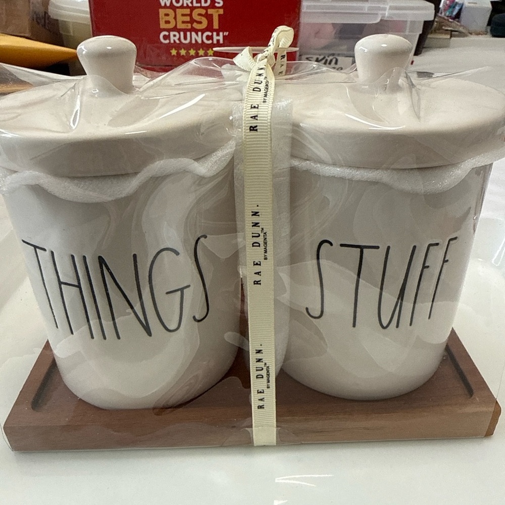 NWT-Rae Dunn things and stuff canister set w/ lids and wood tray.